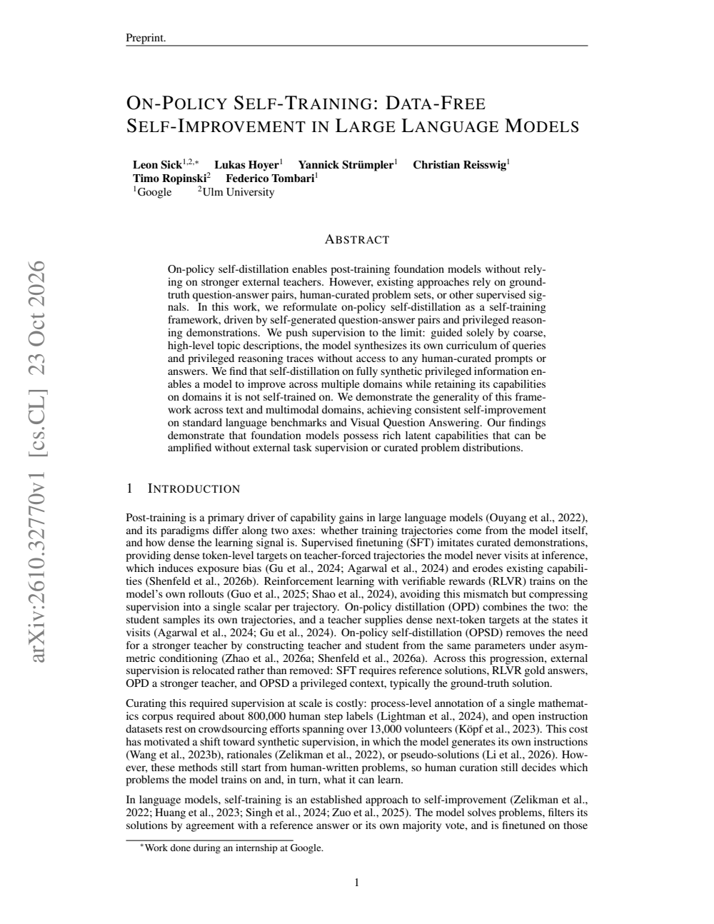 On-Policy Self-Training: Data-Free Self-Improvement in Large Language Models：原始论文第 1 页